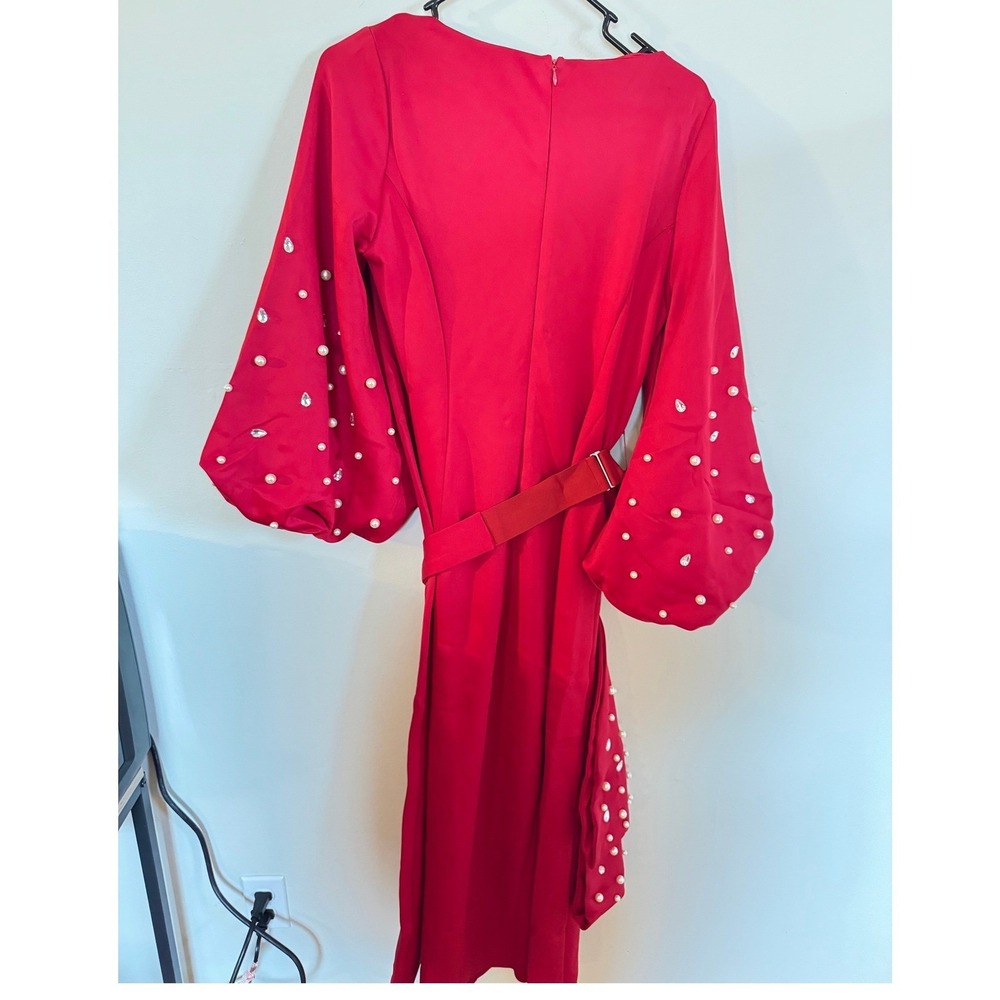 Ashro Red Pearl Crystal Embellished Maxi Dress Puff Sleeve Belted Gown NWOT - Picture 4 of 4